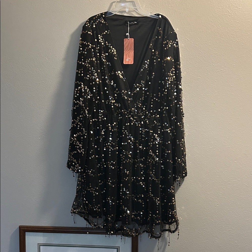 SHEIN Black and Gold Sequin Prom Dress